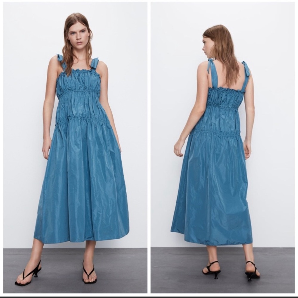 NWT Zara Blue Tie Shoulder Midi Dress Size M